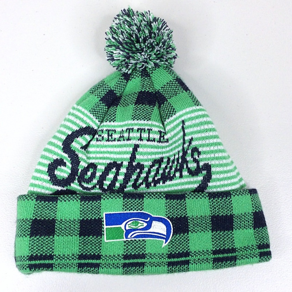 Mitchell & Ness NFL Seattle Seahawks Beanie Hat Pom Pom Vintage Collection Plaid